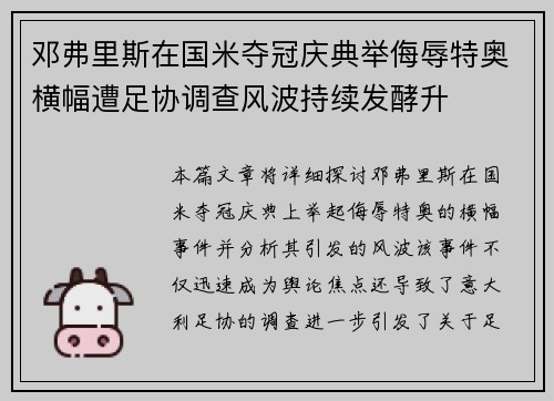 邓弗里斯在国米夺冠庆典举侮辱特奥横幅遭足协调查风波持续发酵升